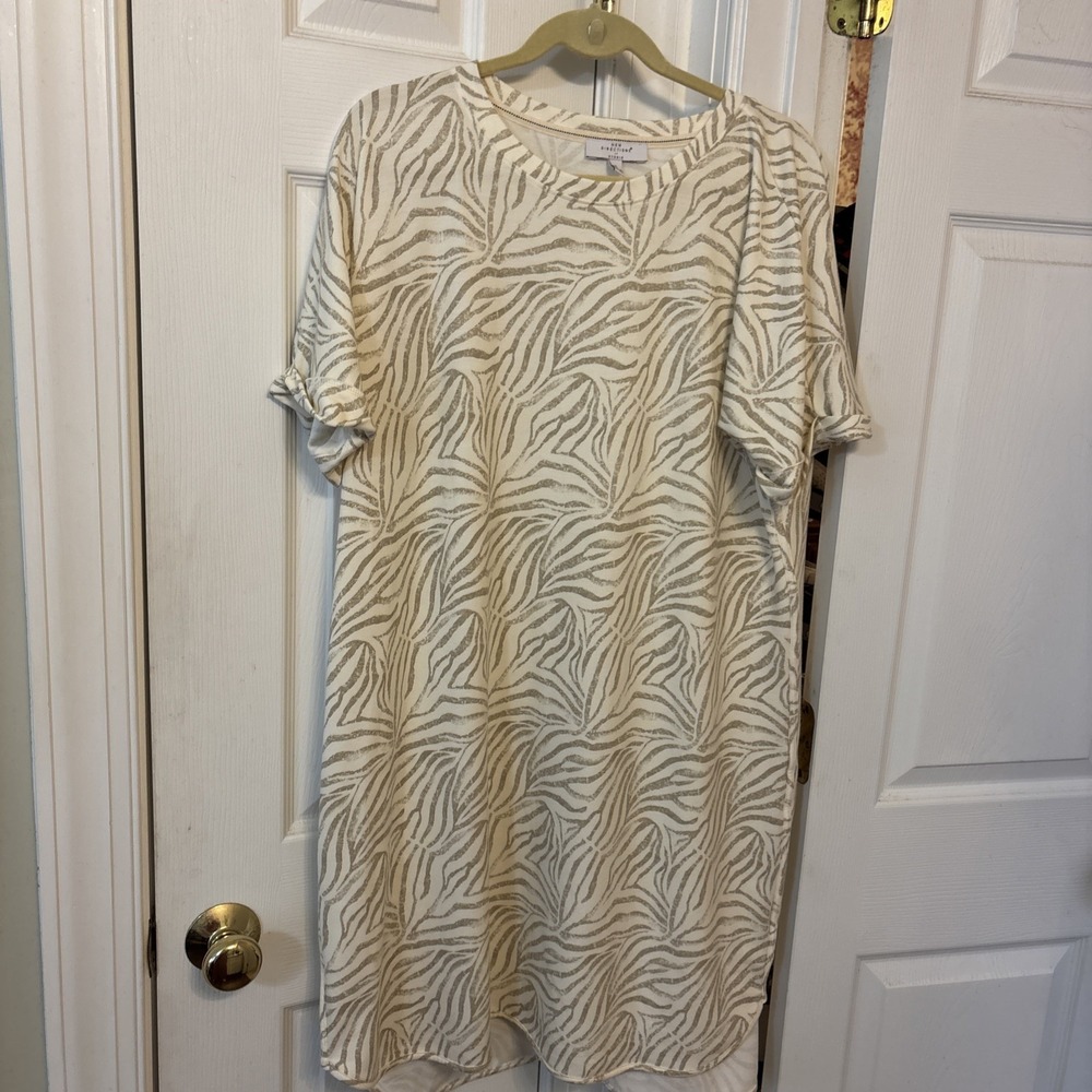 New Directions Studio Zebra Print Dress XL Ivory Gold Short Sleeve Scoop Neck